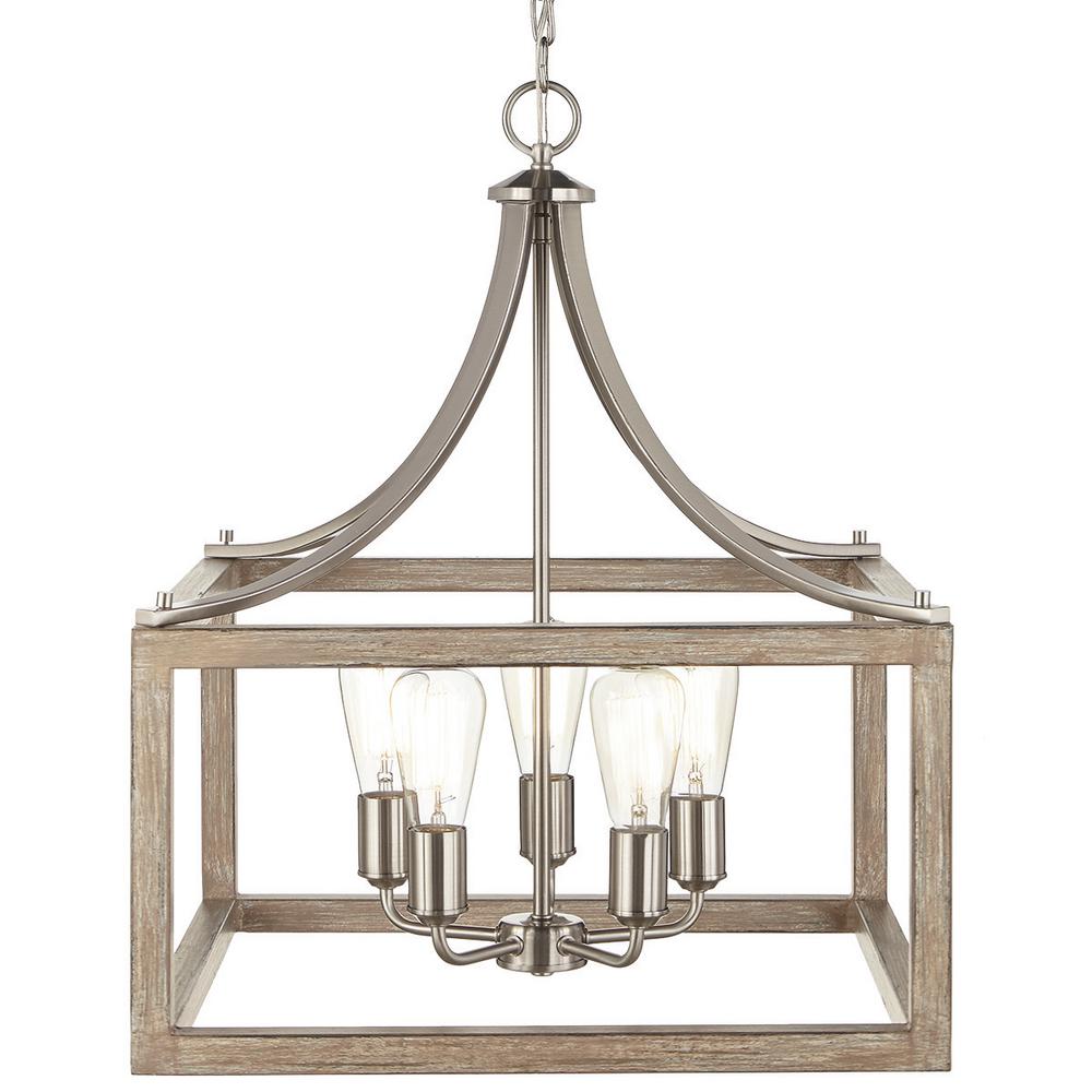 Boswell Quarter 20 in. 5-Light Brushed Nickel Chandelier with Painted Weathered Gray Wood Accents - 