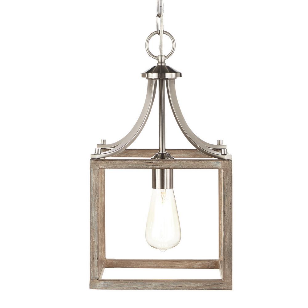 Boswell Quarter 9.44 in. 1-Light Brushed Nickel Pendant with Painted Weathered Gray Wood Accents - 7